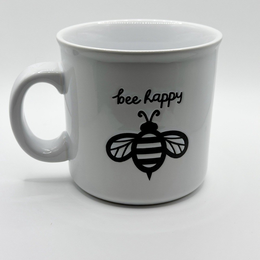 Large Novogratz Bee Happy Ceramic Coffee Mug Cup 16oz White Black Cute!